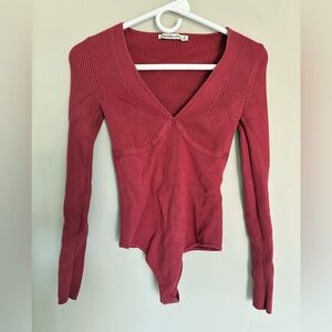 Abercrombie & Fitch Ribbed V-Neck Bodysuit - deep rose color